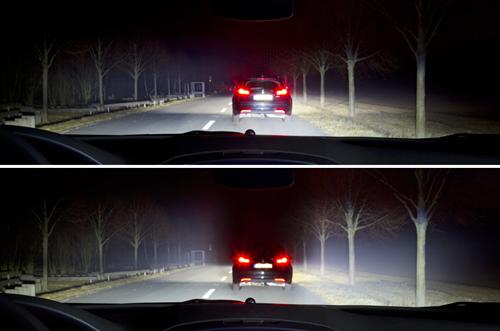 Technology that makes driving safer: Without LED matrix light the preceding vehicle is dazzled (above). With LED matrix light this is no longer the case – and the rest of the road remains brightly illuminated.